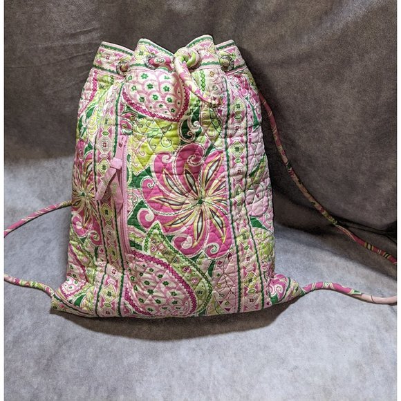 Vera Bradley Pink And Green Drawstring Quilted Backpack - Picture 5 of 5
